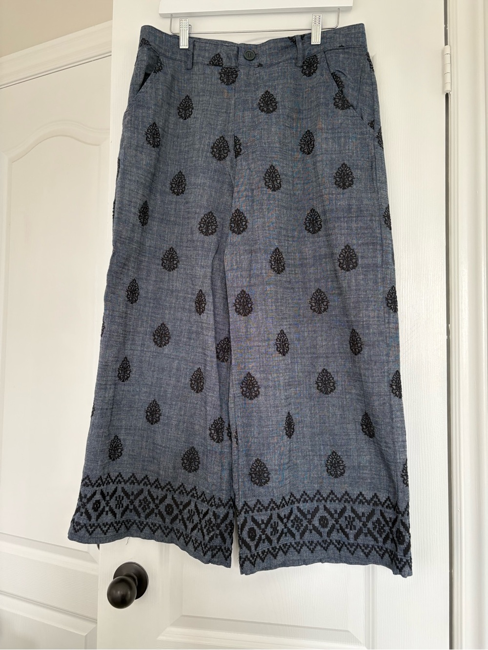Zara Navy Blue Embroidered Wide-Leg Pants